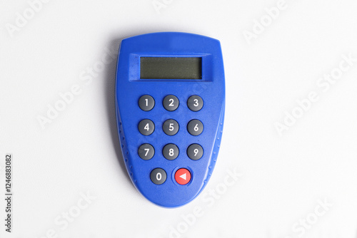 Blue internet banking token used to generate password for online transactions, isolated on white.