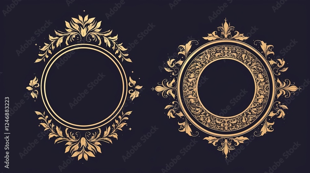 Two gold ornate circular frames on dark blue, ideal for invitations or logos Two gold ornate circular frames on dark blue, ideal for invitations or logos