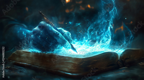 eerie glowing ghost hand hovering over an open book