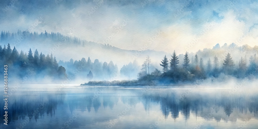 Serene Misty Landscape with Water Reflection and Forest Vista Serene Misty Landscape with Water Reflection and Forest Vista
