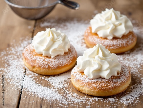 delicious pastries topped with whipped cream and powdered sugar, rustic wooden background, inviting and warm homemade dessert scene
