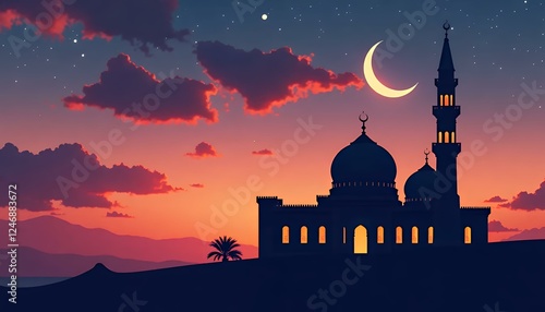 Ramadan Kareem_ Mosque at Sunset under Crescent Moon & Stars photo