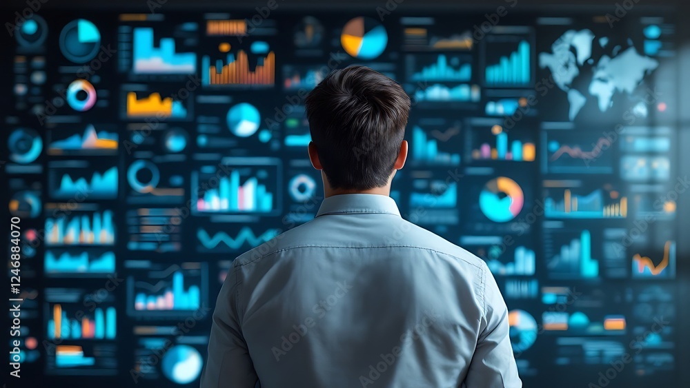 Businessman analyzing data charts and financial reports on a wall. Corporate strategy, data-driven decision making in a modern business environment. Businessman analyzing data charts and financial reports on a wall. Corporate strategy, data-driven decision making in a modern business environment.