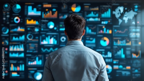 Businessman analyzing data charts and financial reports on a wall. Corporate strategy, data-driven decision making in a modern business environment. photo