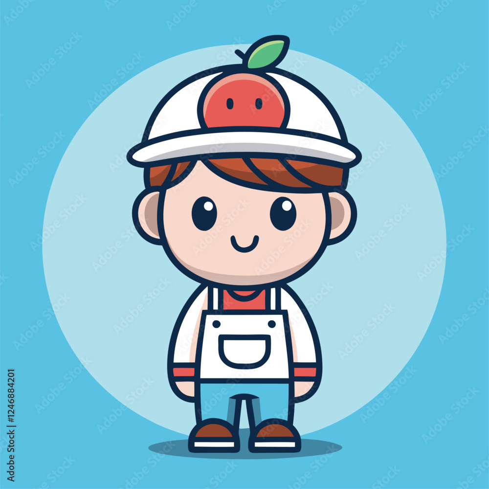 Cute cartoon boy character, white cap with red apple logo, light blue background, simple geometric shapes, chibi style, oversized head, big eyes, small body, white shirt, blue overalls, pastel colors Cute cartoon boy character, white cap with red apple logo, light blue background, simple geometric shapes, chibi style, oversized head, big eyes, small body, white shirt, blue overalls, pastel colors