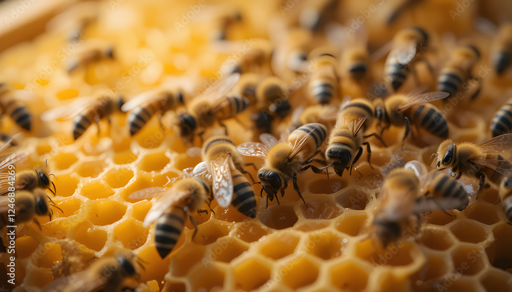 Macro shot of bees working on a honeycomb in a beehive. Hive structure, pollination, and honey production. Agriculture, nature, propolis, beeswax, nectar, and the ecosystem of rural apiculture.