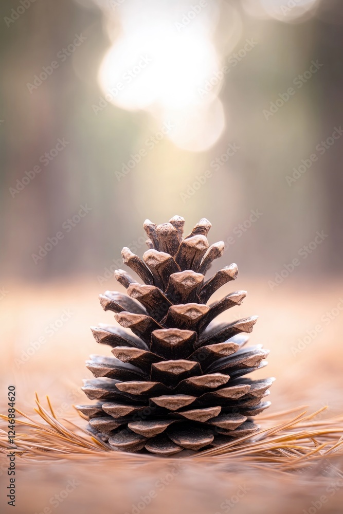 close-up of pinecone resting on bed of needles with small forest details visible close-up of pinecone resting on bed of needles with small forest details visible