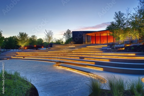 A vibrant scene of a modern amphitheatre at dusk, with soft lighting illuminating the sleek,