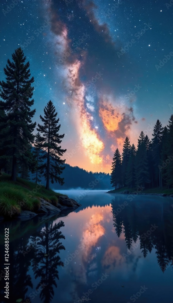 Milky Way shining through trees near Biscarosse lake, forest, scenery, water Milky Way shining through trees near Biscarosse lake, forest, scenery, water