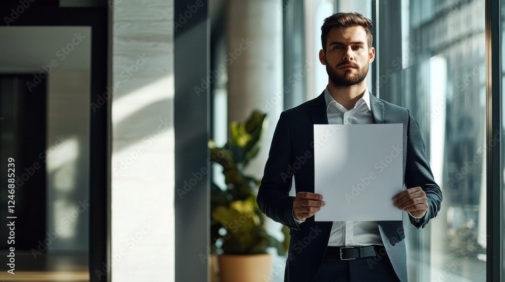 Man holding a white piece of paper in a bright indoor environment Man holding a white piece of paper in a bright indoor environment