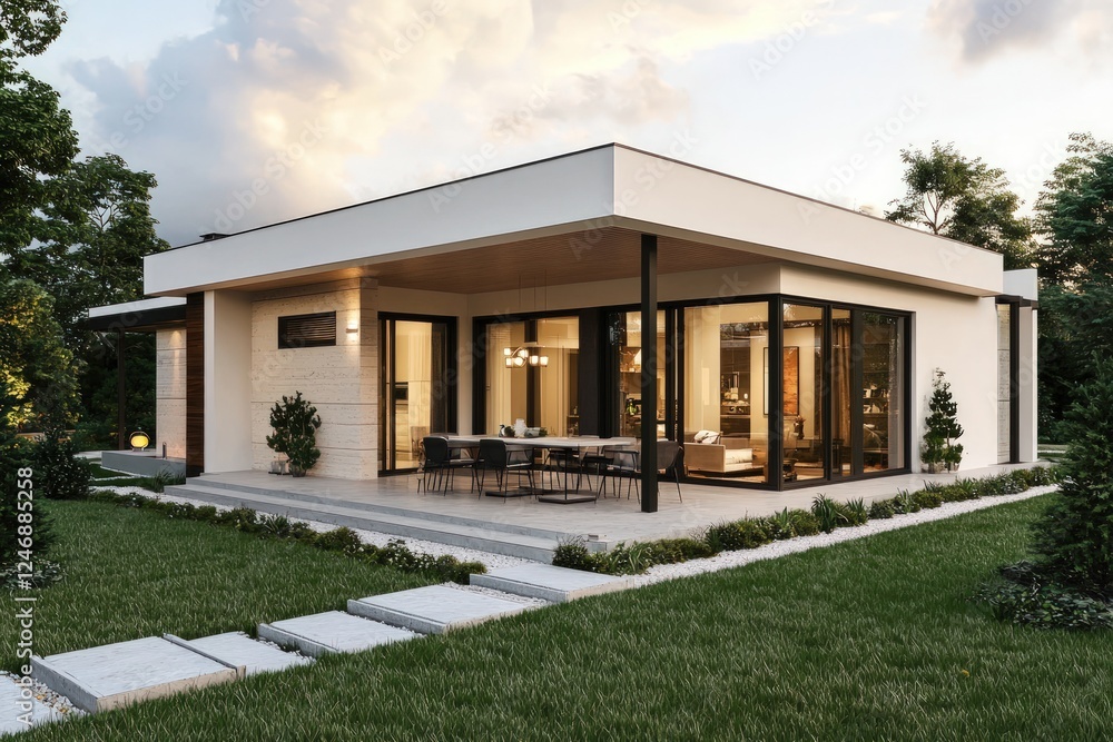 Modern house with a spacious front lawn and dining patio Modern house with a spacious front lawn and dining patio