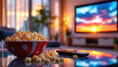 Cozy evening: popcorn and tv remote in a warm living room ambiance