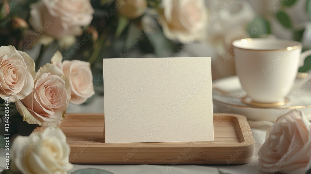 Obraz premium White card placed on a wooden tray in a bright setting for design and presentation purposes