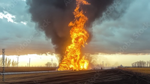 Large gas pipeline rupture ignites flames and smoke with emergency responders in the distance