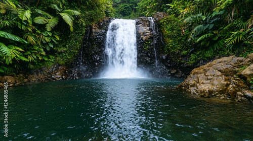 serene jungle oasis with cascading water and plants