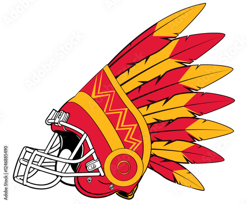 Football helmet with american Indian feather headdress  - gold and red, sport vector graphics,, for street art - graffiti lettering typography - art illustration 
		
