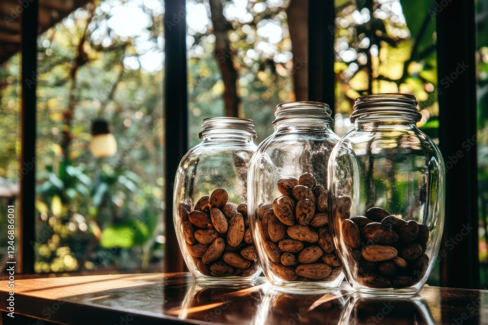 Low angle view of glass jars filled with cocoa beans under sunlight in a tropical setting Low angle view of glass jars filled with cocoa beans under sunlight in a tropical setting