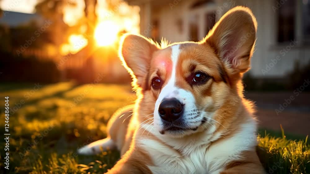 Close up portrait of a dog corgi resting on grass in the sunset rays against house
Close up portrait of a dog corgi resting on grass in the sunset rays against house