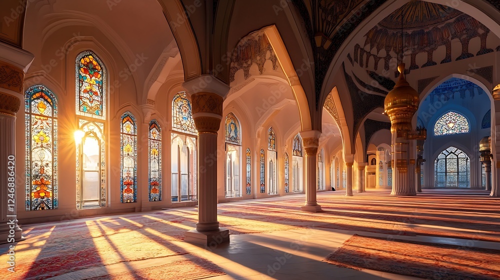 Obraz premium Sunlit Interior of a Grand Mosque with Stained Glass Windows and Ornate Architectural Details : Generative AI