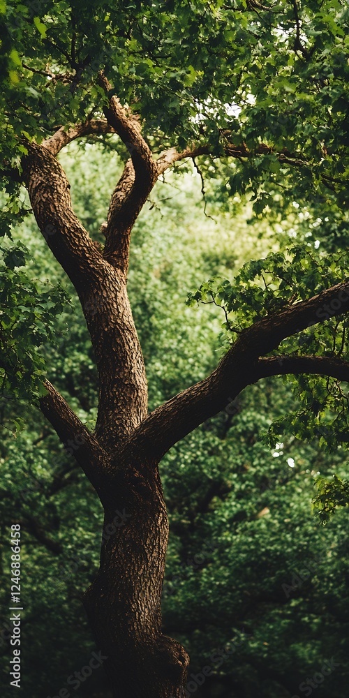 Fototapeta premium Majestic Oak Tree with Rich Textures and Lush Green Foliage in Sunlit Forest : Generative AI