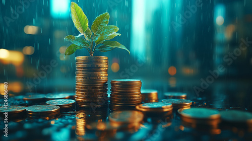 A Stack of Coins with a Growing Plant - Symbolizing Investment, Wealth, and Economic Success, Ideal for Business, Banking, and Sustainability Themes photo