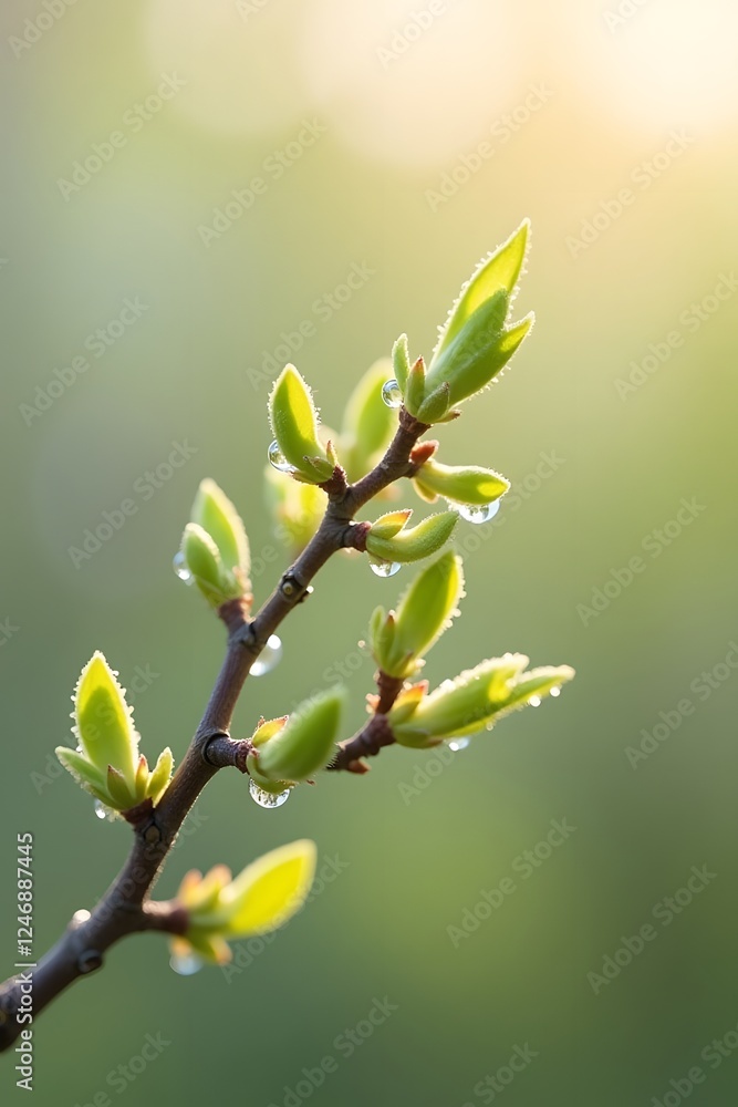 Spring buds with dew on branch in sunlight Spring buds with dew on branch in sunlight
