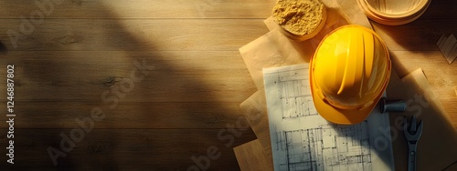 Wallpaper Mural A yellow construction helmet, blueprints, and tools on a table with copy space for text
 Torontodigital.ca