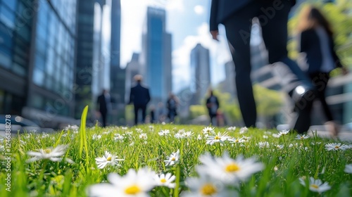 Cityscape With People Walking And Flowers In Grassy Area
