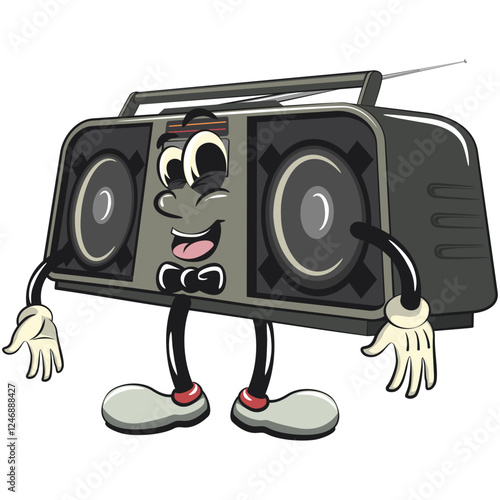 Cartoon retro groovy tape recorder boombox character wearing a bow tie and feeling cool, isolated vector vintage, work of hand drawn