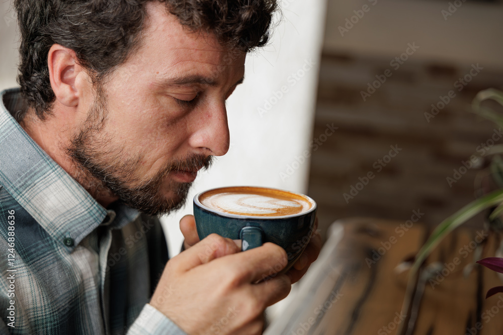 A young man enjoys a cup of specialty coffee with latte art to unwind from the work day. Copy space, close up. A young man enjoys a cup of specialty coffee with latte art to unwind from the work day. Copy space, close up.