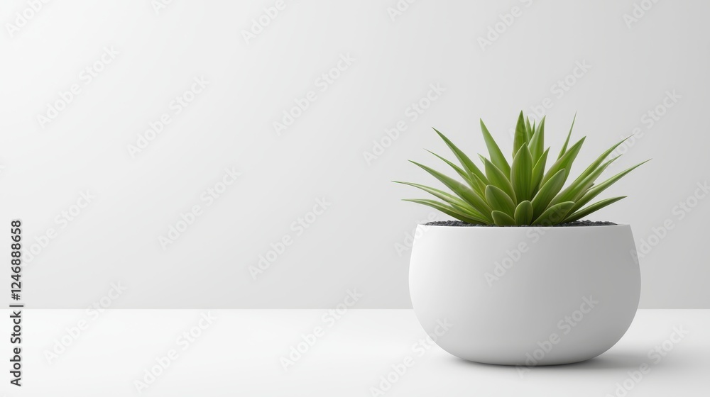 Small green plant in a simple white pot on a wooden surface with natural light background Small green plant in a simple white pot on a wooden surface with natural light background