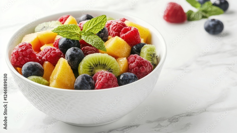 Bowl of assorted fresh fruit including apples bananas and berries with mint leaves on a wooden table Bowl of assorted fresh fruit including apples bananas and berries with mint leaves on a wooden table