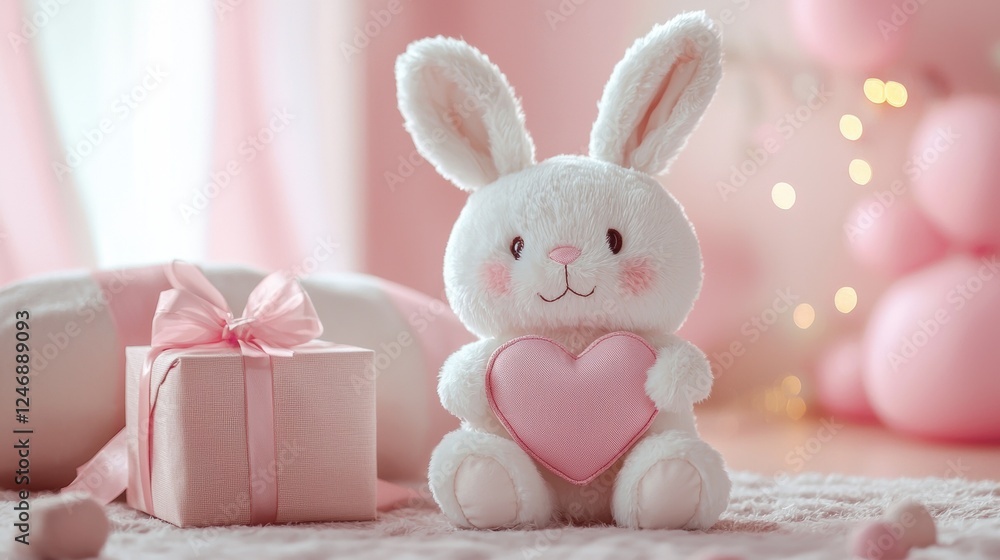 Fototapeta premium Adorable plush bunny holding heart with gift box in pastel pink room ambiance