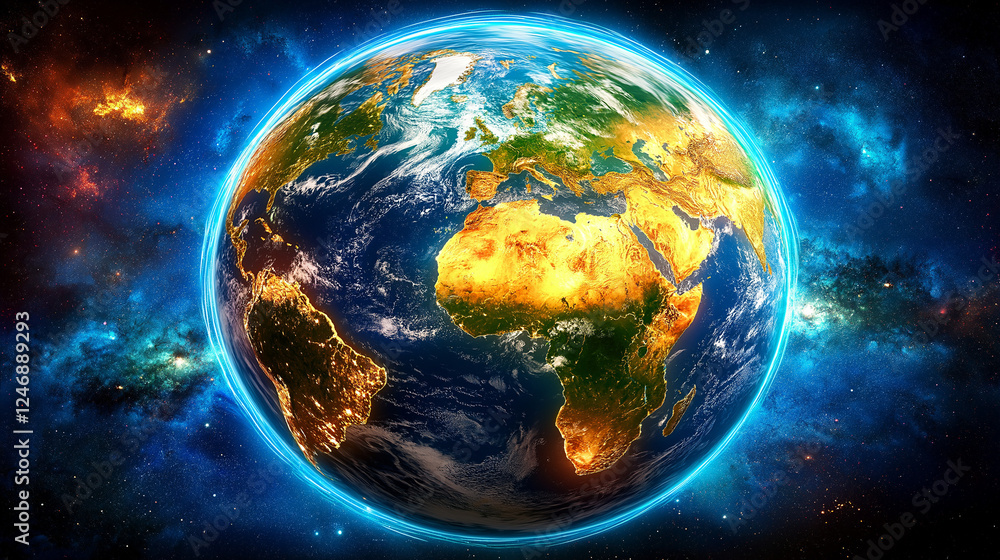 Obraz premium Fiery Earth: A vibrant, stylized image of planet Earth, ablaze with fiery hues and surrounded by a cosmic nebula. The continents are clearly visible, contrasting with the celestial backdrop. 