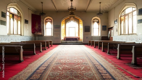 Ancient Church Interior with Grand Architecture and Ornate Windows : Generative AI photo