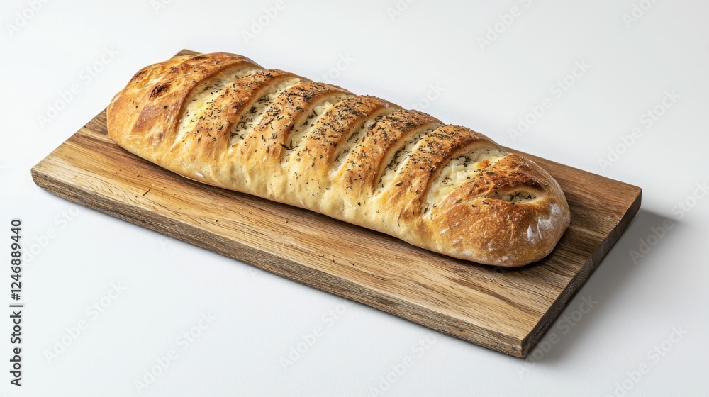 Loaf of freshly baked bread resting on a wooden cutting board with a rustic background Loaf of freshly baked bread resting on a wooden cutting board with a rustic background
