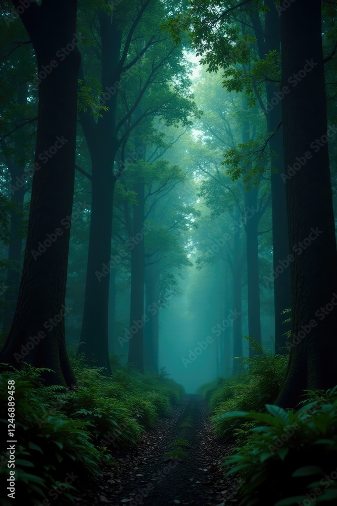 Fototapeta premium Dark forest with tall trees and overhanging branches, mysterious atmosphere, dense foliage, ferns