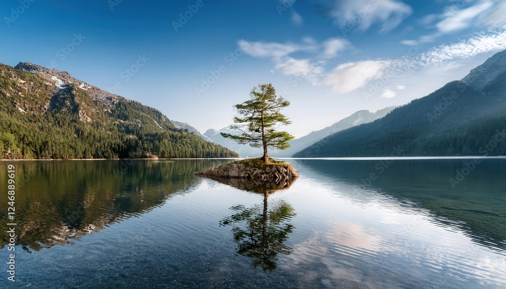 Naklejka premium Vibrant summer reflections of a lone tree on a tranquil lake surrounded by majestic mountains