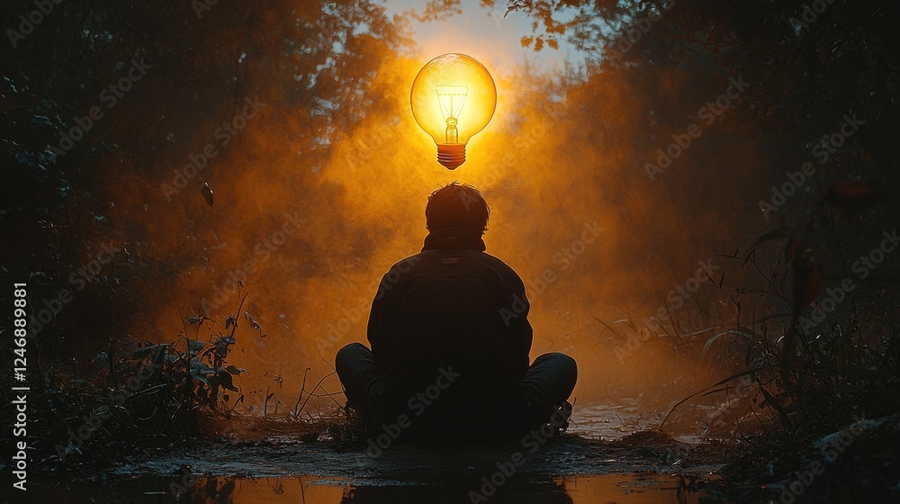 Contemplative Figure Sitting Alone in Nature with a Glowing Lightbulb Overhead Surrounded by Mist and Foliage Illuminating the Atmosphere Contemplative Figure Sitting Alone in Nature with a Glowing Lightbulb Overhead Surrounded by Mist and Foliage Illuminating the Atmosphere