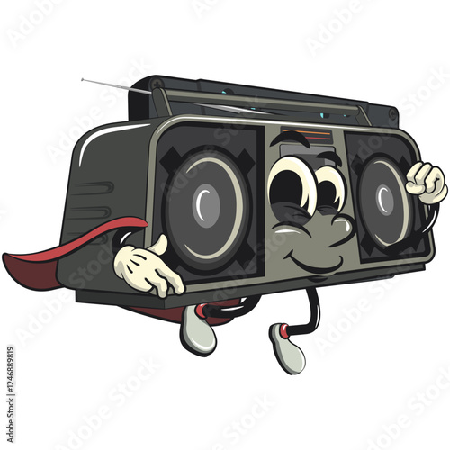 Cartoon retro groovy tape recorder boombox character as flying superhero wearing a robe, isolated vector vintage, work of hand drawn