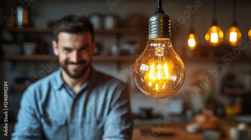 Bright Vintage Bulb Illuminates a Warm, Inviting Kitchen Space with a Smiling Man in Focus - Cozy Atmosphere of Home and Style photo