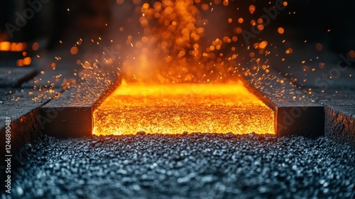 Molten steel casting: glowing metal slab and sparks in industrial foundry