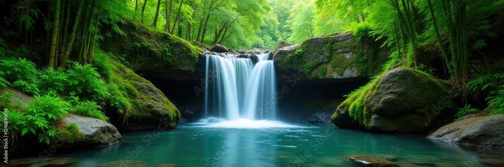 Fototapeta premium A tranquil waterfall cascades through ferns and moss, bamboo, nature