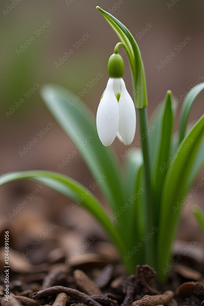 Close-up of emerging snowdrop flower with fresh green leaves in early spring Close-up of emerging snowdrop flower with fresh green leaves in early spring