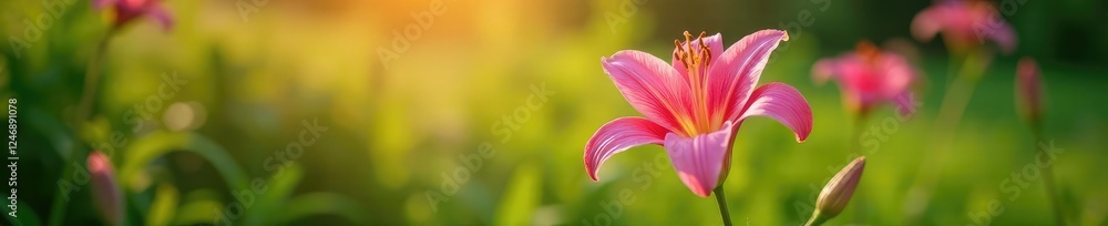 A stunning pink lily plant rises above the lush greenery in the sun, flowers, garden, nature A stunning pink lily plant rises above the lush greenery in the sun, flowers, garden, nature