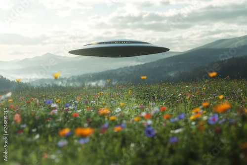 Wallpaper Mural A UFO hovering above a field of wildflowers . An alien spaceship hovers above a vibrant field of colorful flowers under a clear blue sky. Torontodigital.ca