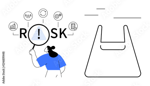 Figure examining RISK with a magnifying glass, surrounded by icons for data, teams, and productivity. Ideal for risk management, analysis, leadership, problem-solving, strategy planning