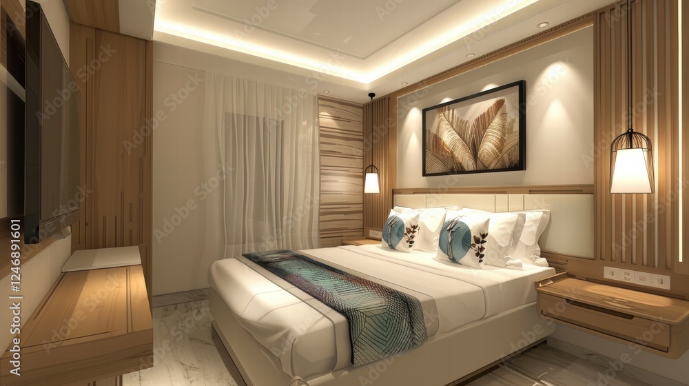 Fototapeta premium Contemporary hotel restaurant with stylish seating and elegant decor.