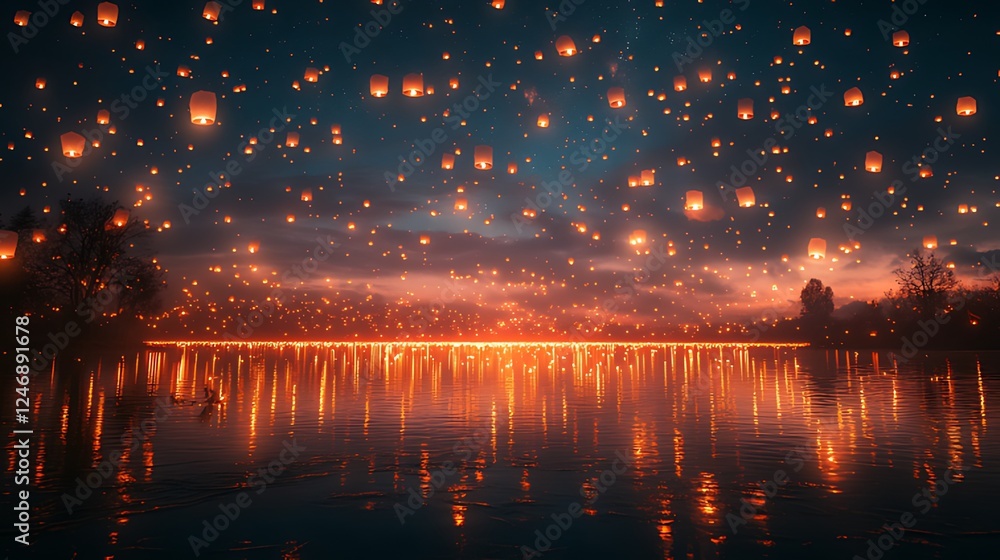 Naklejka premium Night sky lanterns festival lake reflection celebration