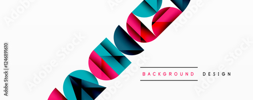 Abstract geometric background with layered gradient shapes forming dynamic patterns. Overlapping semi circles and triangles create depth and contrast